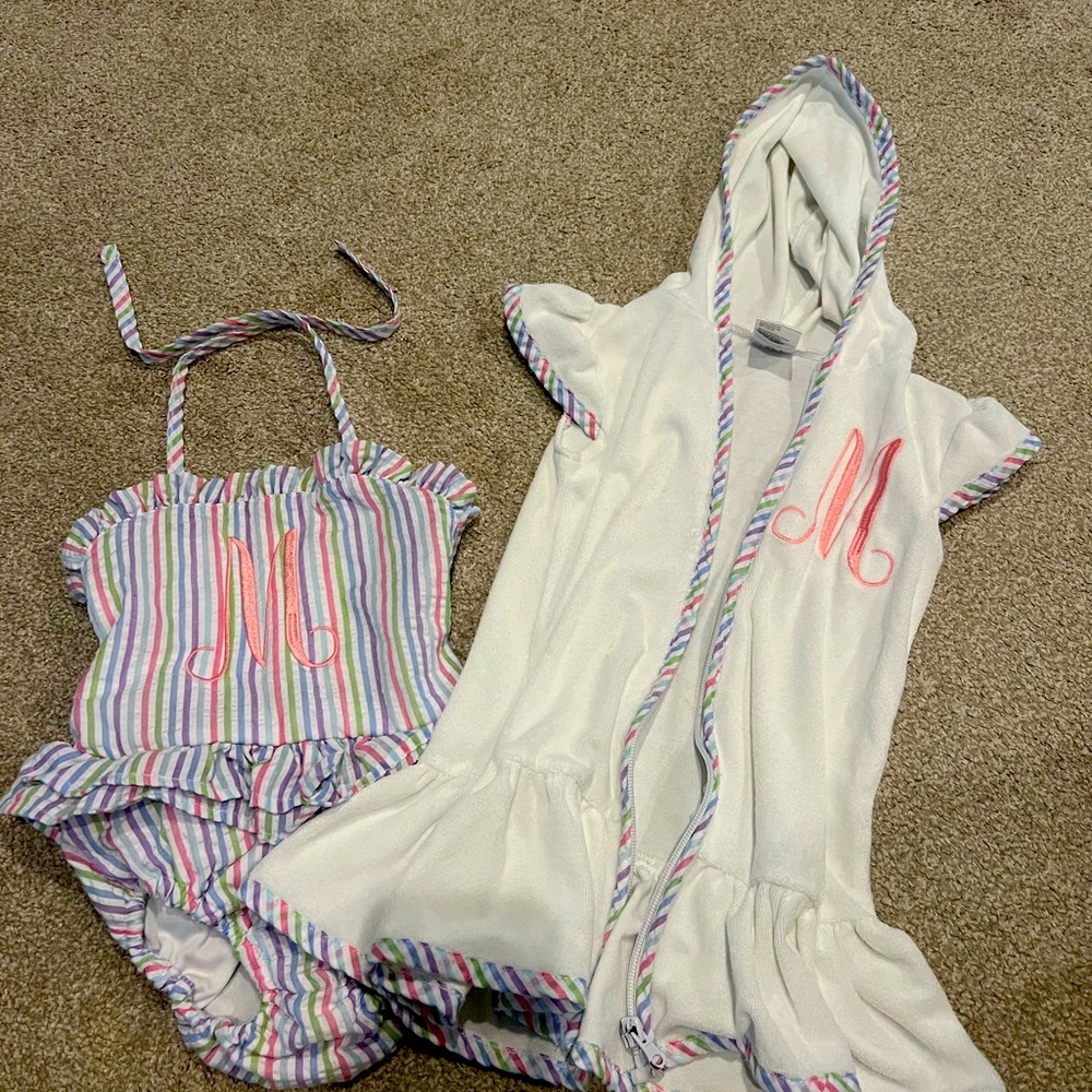 “M” monogram 3T one piece swimsuit and terry cloth coverup